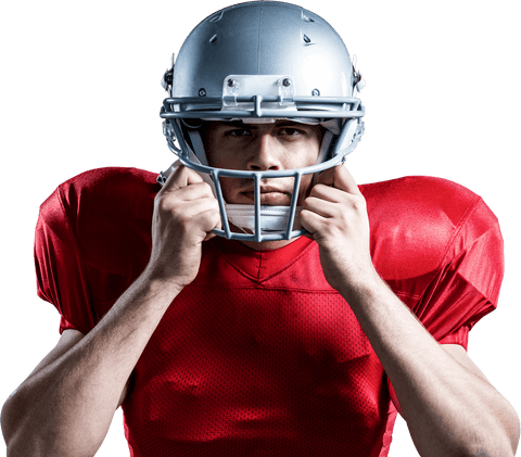 American football player in red jersey and helmet, transparent background
