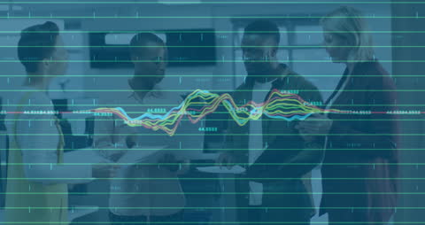 Diverse Team Analyzing Financial Data with Graph Overlay in Office