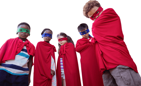 Transparent Cutout of Happy Kids in Colorful Superhero Costumes