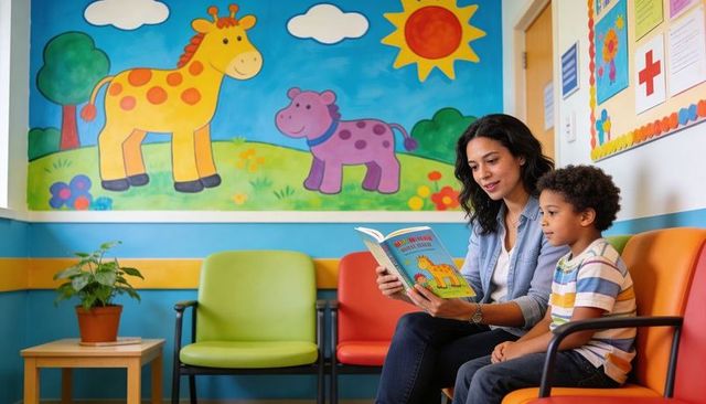 Caregiver reading with child in colorful pediatric waiting room featuring giraffe mural and toys