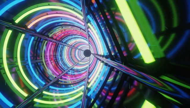 Neon vortex tunnel with concentric rings reflective rails drawing eye to multicolor void