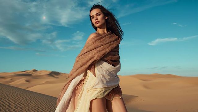 Elegant Female Model in Flowing Dress Amidst Desert Dunes
