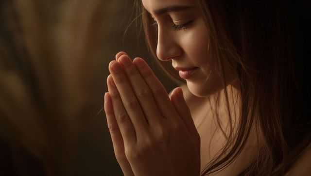 Young woman praying with folded hands in warm sidelight, intimate contemplative portrait
