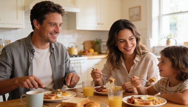 Smiling family sharing sunny breakfast in kitchen, parents and child enjoying morning meal