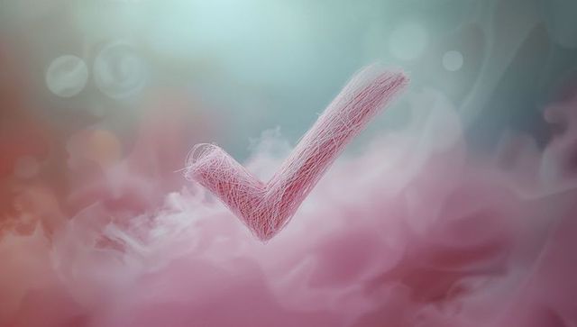 Floating filament pink checkmark in dreamy clouds