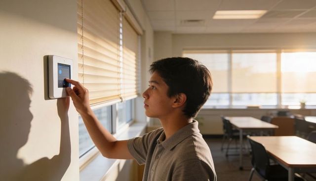 Teen student adjusting classroom touchscreen panel during golden hour with beige blinds