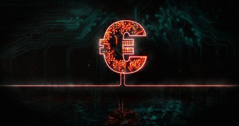 Glowing Euro Symbol with Digital Circuitry Background