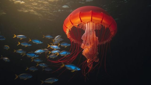 Bioluminescent jellyfish illuminating ocean depths with vibrant fish