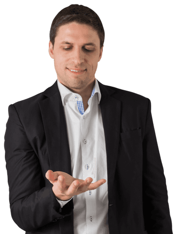 Professional Man Smiling and Holding Transparent Palm in Business Attire