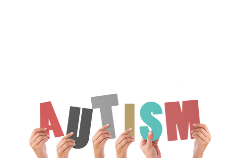 Diverse hands holding autism text on transparent background