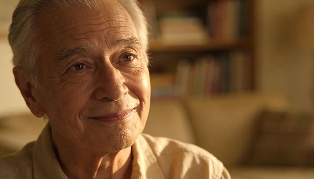 Smiling senior man on couch with warm bookshelf background conveying calm and wisdom