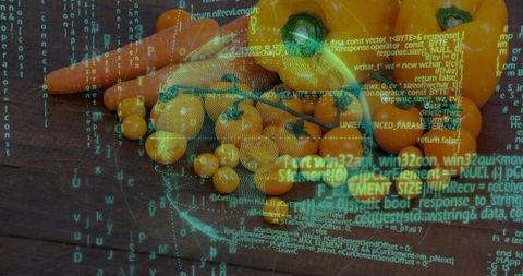 Orange Produce Blending with Holographic Code Globe Overlay on Dark Wood Countertop