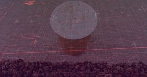 Futuristic coffee in tech mesh with red digital overlay