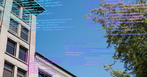 Digital Data Overlay on Urban Building with Blue Sky - Download Free Stock Images Pikwizard.com
