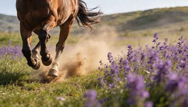Galloping bay horse kicking up dust on wildflower trail with purple blooms in sunlight