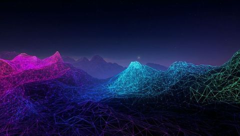 Pulsing neon wireframe mountains glowing magenta cyan low poly cyberpunk landscape