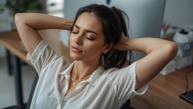 Young woman relaxing at desk with hands behind head in bright office workspace