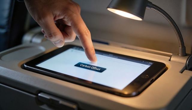 Tapping carbon offset button on inflight tablet on tray table for sustainable travel