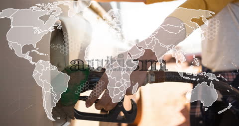 Hands Refueling Car Amidst Digital World Map