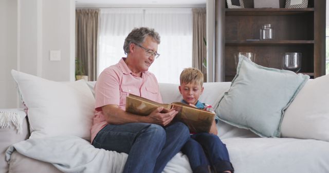 Grandfather and Grandson Browsing Photo Album on Sofa - Download Free Stock Images Pikwizard.com