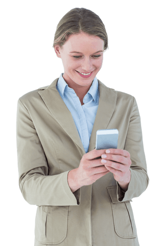 Businesswoman Smiling at Smartphone on Transparent Isolated Background
