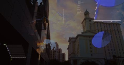 Digital Overlay of Graphs and Code on City Skyline at Dusk