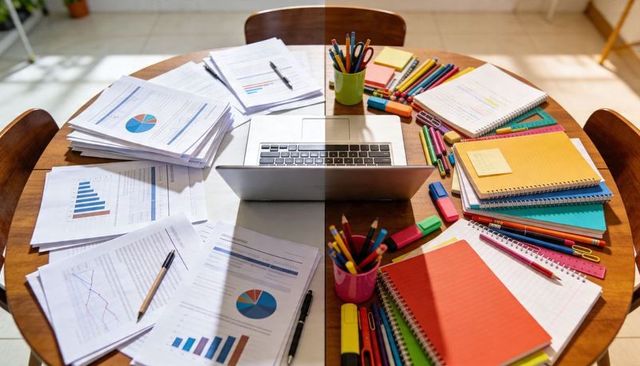 Split work and study desk with laptop, financial charts, colorful notebooks and stationery