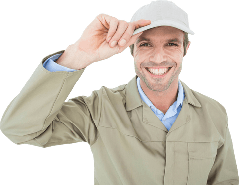 Happy Delivery Man Smiling and Holding Cap Transparent