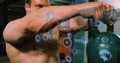 Muscular athlete lifting kettlebell with holographic fitness overlay for high-tech training