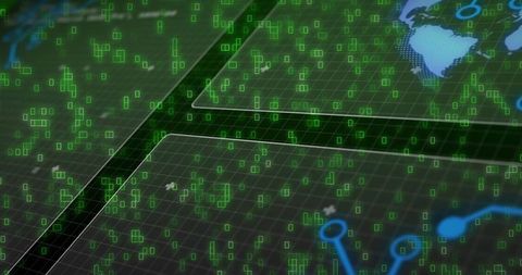 Futuristic data grid with floating green markers and sliding network panels