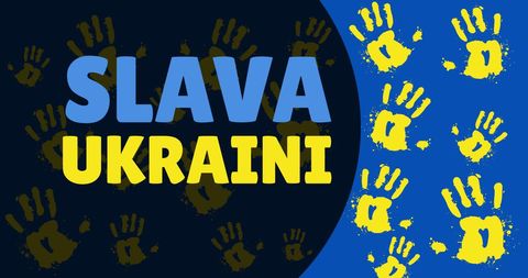 Slava Ukraini Text with Yellow Handprints on Blue Background