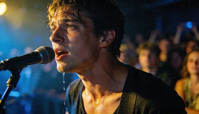 Sweaty rock vocalist performing intense live club concert close-up with passionate crowd
