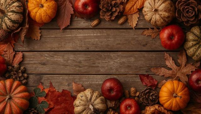 Framing Rustic Autumn Harvest Border with Pumpkins, Apples and Pine Cones on Wood Planks