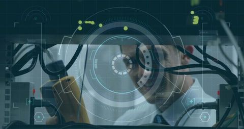 Futuristic data scanning hologram over engineer inspecting server rack