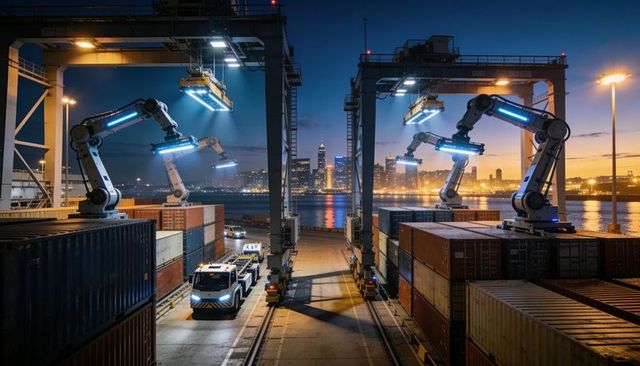 Autonomous port cranes operating at night with robotic led arms loading containers