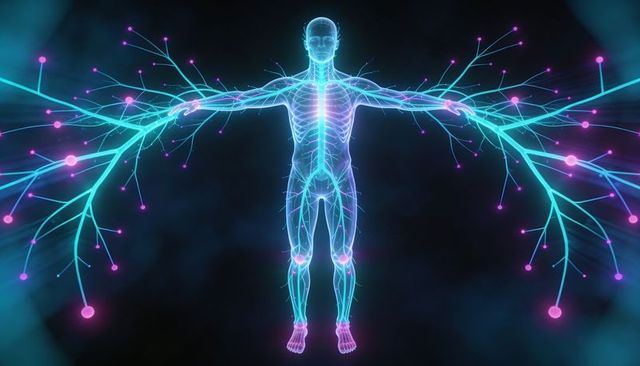 Glowing neon human neural network with branching vascular veins and bioluminescent nodes