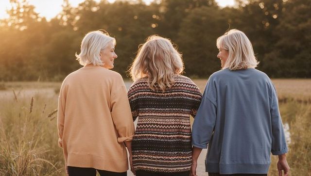 Three senior women walking arm-in-arm through golden meadow at sunset, sharing friendship