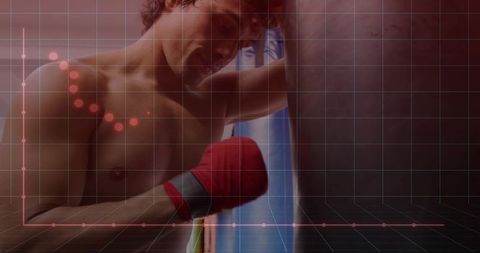 Boxer training with punching bag and pink performance data overlay for sports analytics