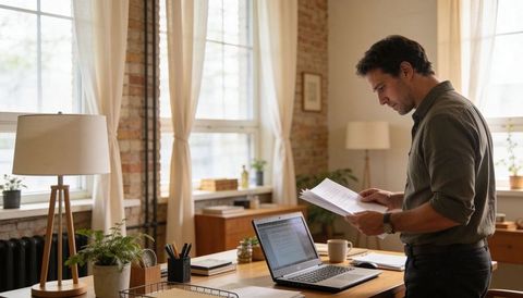 Man standing at desk reading papers with laptop and coffee in bright brick office