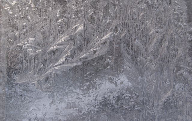 These abstract frost patterns on a frozen glass surface showcase the beauty of winter's natural artistry. Useful for backgrounds, textures, winter-themed designs, or illustrations focusing on natural patterns and cold weather aesthetics.