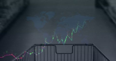 Global Financial Growth Overlaid on Shopping Trolley Background