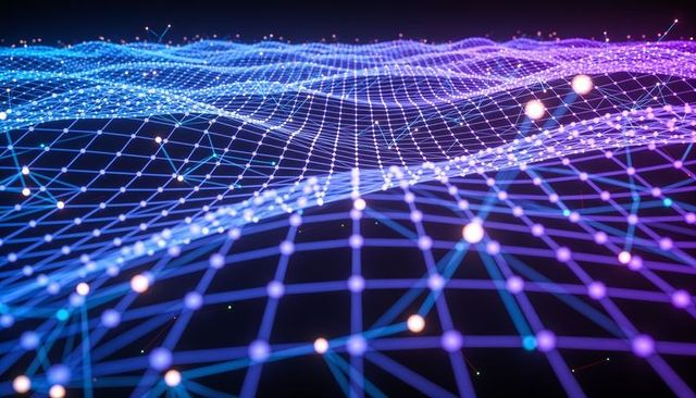 Neon network wave: glowing 3d wireframe mesh with flowing nodes and data grid visuals