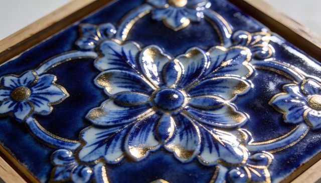 Cobalt blue floral ceramic tile with gold gilding and embossed relief