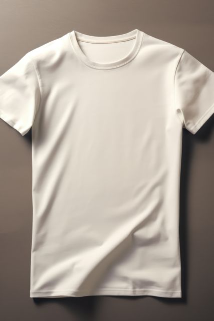 Plain white t-shirt laid flat on gray surface. Showcasing minimalistic design suitable for fashion catalogs, e-commerce stores, or advertising. Ideal for mockups, branding purposes or to illustrate clean, simple clothing options.