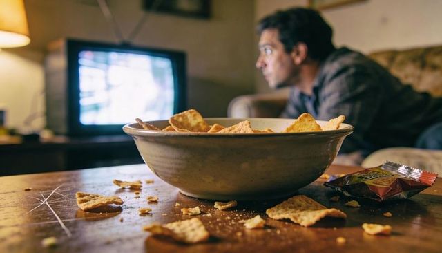 Late night snacking and tv binge cracker bowl on wooden coffee table with crumbs