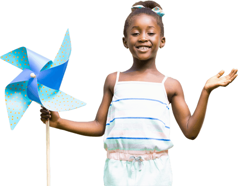 Joyful girl holding blue pinwheel transparent background