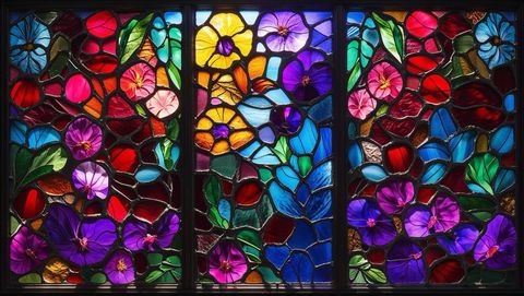 Vibrant floral mosaic stained glass triptych on interior wall