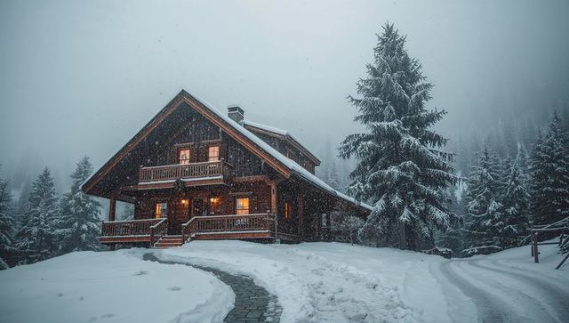 Cozy alpine chalet glowing warm light in snowy forest at twilight with lanterns on porch