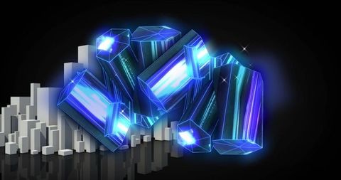 Glowing crystals overlaying abstract cityscape