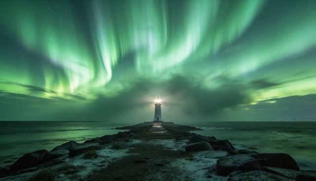 Guiding lighthouse casting beam under vibrant green aurora over rocky snowy jetty